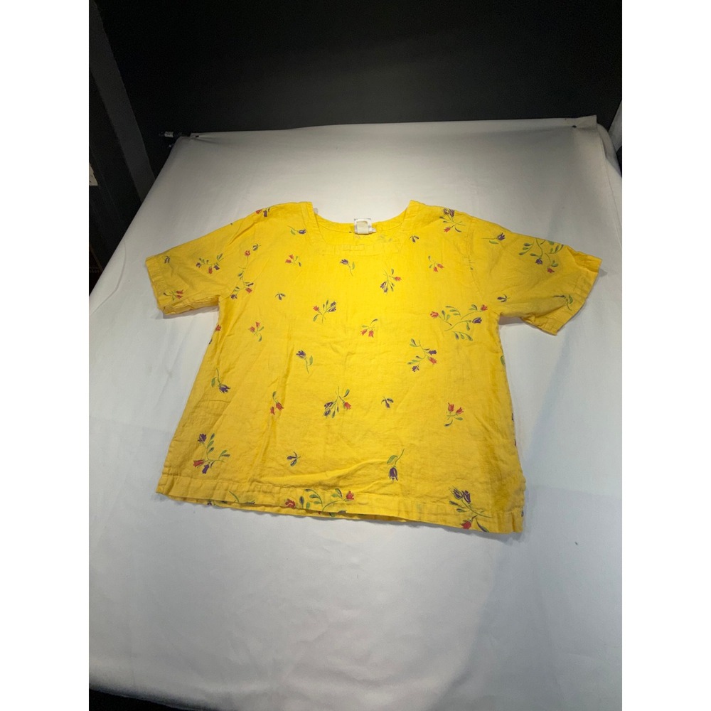 Butter Yellow Floral Linen Top Short Sleeve Square Neck Blouse 1X USA Vintage